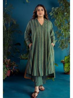 The Indian Ethnic Co. - Tejshri Green Ajrakh Cotton A Line Kurta