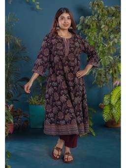 The Indian Ethnic Co. - Ireen Black Ajrakh Cotton A Line Kurta