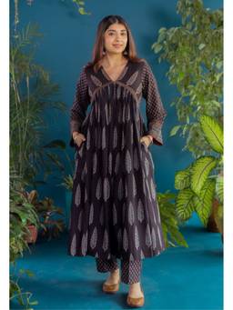 The Indian Ethnic Co. - Sneha Black Ajrakh Cotton A Line Kurta
