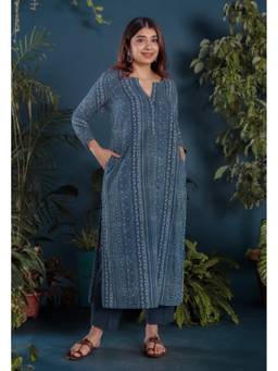 The Indian Ethnic Co. - Haya Indigo Blue Ajrakh Cotton Straight Kurta