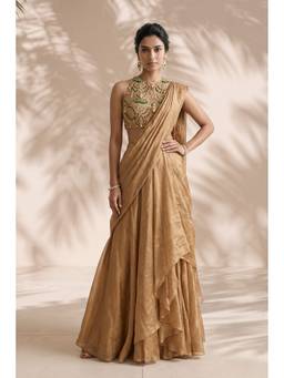 ANEESH AGARWAAL - Beige Pre-Stitched Saree with Embroidered Stitched Blouse