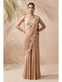 ANEESH AGARWAAL - Beige Pre-Draped Sahara Saree With Embroidered Corset