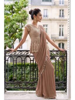 ANEESH AGARWAAL - Brown Pre-Draped Sharara Saree with Embroidered Peplum Top