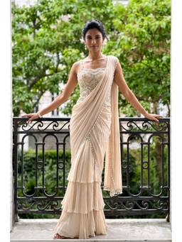 ANEESH AGARWAAL - Ivory Pearl Pre-Draped Saree with Embroidered Corset
