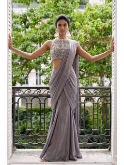 ANEESH AGARWAAL - Grey Pre-Stitched Saree with Stitched Blouse