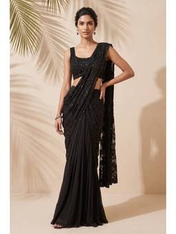 ANEESH AGARWAAL - Black Pre-Draped Saree with Embroidered Stitched Blouse
