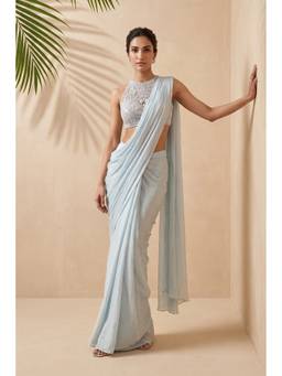 ANEESH AGARWAAL - Blue Pre-Draped Saree with Embroidered Stitched Blouse
