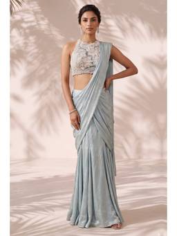 ANEESH AGARWAAL - Green Pre-Stitched Saree with Embroidered Stitched Blouse