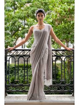 ANEESH AGARWAAL - Grey Linear Pre-Stitched Saree with Corset