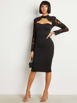 Styli - Black Lace Sleeves Choker Neck Bodycon Knee Length Dress