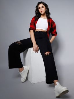 High Star - Women Black Wide Leg High-Rise Slash Knee Jeans