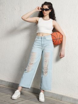 Hubberholme - Women Relaxed Straight Fit High-Rise Highly Distressed Pure Cotton Jeans