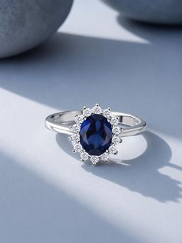 Ornate Jewels - 925 Silver 1.5 Carat Oval Blue Sapphire Halo Ring for Women & Girls