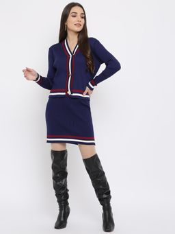 IKI CHIC - Navy Blue Button Down Cardigan And High Waist Skirt Set