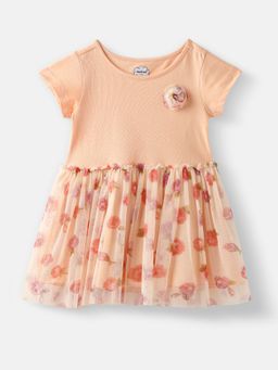 Nautinati - Girls Floral Printed Mesh Dress with Mesh Flower On Chest
