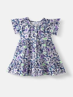 Nautinati - Girls Floral Printed Knee Length Dress Blue