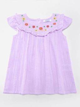 Nautinati - Girls Purple Soft Cotton Flower Embroidered Cap Sleeve Knee Length Frock