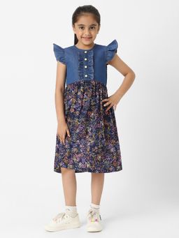 Nautinati - Girls Denim Floral Printed Cap Sleeve Dress