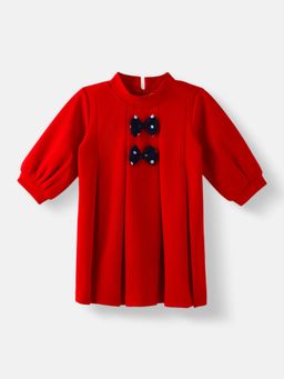Nautinati - Girls Three-Fourth Sleeve Box Pleat Dress with Cute Bows