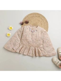 TINY GIRL - Full Sleeves Leaves Self Textured Floral Embellished Top - Fawn