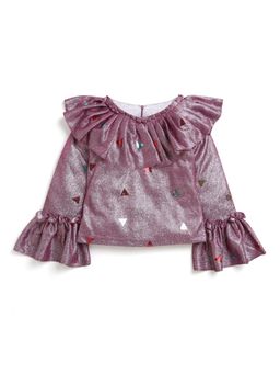 TINY GIRL - Full Bell Sleeves Frill Detailed Shimmered Triangle Foil Print Top - Pink