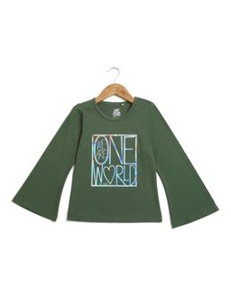 TINY GIRL - Typography Printed Round Neck Olive Green T-Shirt