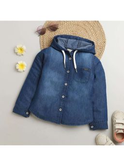 TINY GIRL - Hooded Faded Cotton Shirt Blue