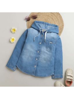 TINY GIRL - Hooded Faded Cotton Shirt Light Blue