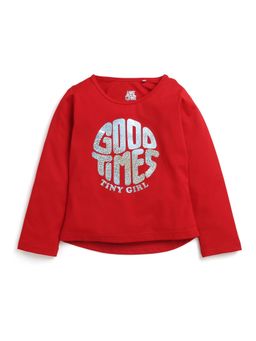 TINY GIRL - Full Sleeves Good Times Text Glitter Printed T-Shirt - Red