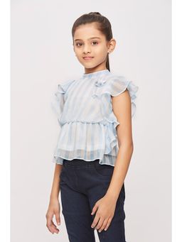 TINY GIRL - Short Flutter Sleeves Bengal Striped Floral Appliqued Peplum Top - Blue