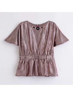 TINY GIRL - Half Sleeves Checked Floral Beads Top - Copper