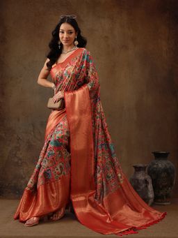 Silk Land - Multi Kanjeevaram Pattu Zari Woven Border Digital Printed Saree with Unstitched Blouse