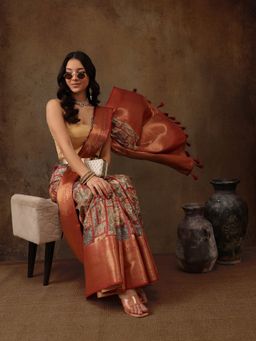 Silk Land - Multi Kanjeevaram Pattu Zari Woven Border Digital Printed Saree with Unstitched Blouse
