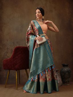 Silk Land - Multi Kanjeevaram Pattu Zari Woven Border Digital Printed Saree with Unstitched Blouse