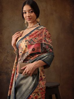 Silk Land - Multi Kanjeevaram Pattu Zari Woven Border Digital Printed Saree with Unstitched Blouse