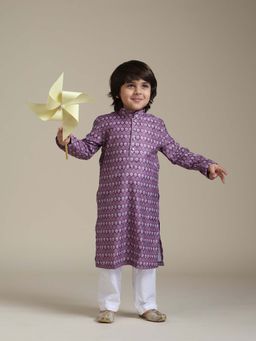 Manyavar - Purple Blended Cotton Floral Printed Kurta & Pyjama (Set of 2)