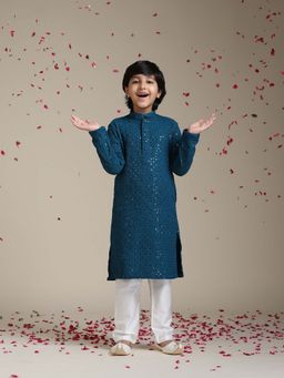 Manyavar - Blue Viscose Chikankari Kurta & Pyjama (Set of 2)