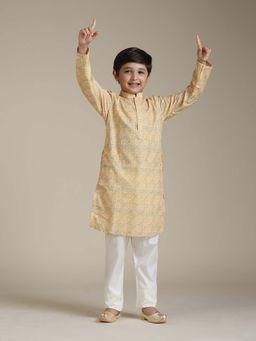 Manyavar - Yellow Cotton Chikankari Kurta & Pyjama (Set of 2)