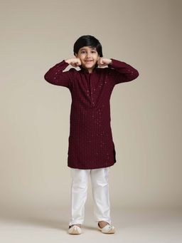 Manyavar - Maroon Viscose Chikankari Kurta & Pyjama (Set of 2)