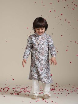 Manyavar - White Floral Printed Kurta & Pyjama (Set of 2)