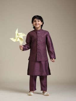 Manyavar - Purple Art Silk Thread Kurta and Pyjama with Jacket (Set of 3)