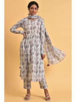 W - Floral Kurta-slim Pant-dupatta White (Set of 3)