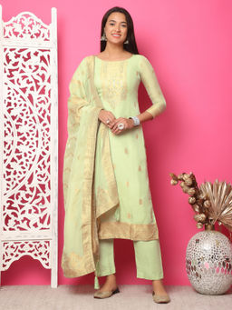 Stylee LIFESTYLE - Pista Green Silk Jacquard Unstitched Suit (Set of 3)