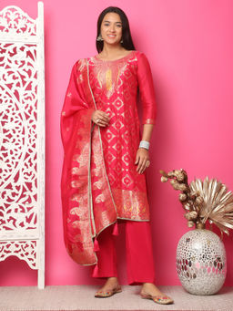 Stylee LIFESTYLE - Red Silk Jacquard Unstitched Suit (Set of 3)