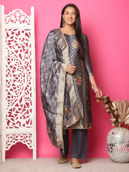 Stylee LIFESTYLE - Grey Silk Jacquard Unstitched Suit (Set of 3)
