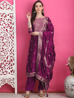 Stylee LIFESTYLE - Wine Silk Jacquard Unstitched Suit (Set of 3)