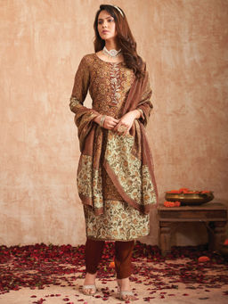 Stylee LIFESTYLE - Brown Pure Tissue Shimmer Digital Printed Unstitched Suit (Set of 3)