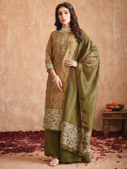 Stylee LIFESTYLE - Olive Green Pure Tissue Shimmer Digital Printed Unstitched Suit (Set of 3)