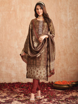 Stylee LIFESTYLE - Brown Pure Tissue Shimmer Digital Printed Unstitched Suit (Set of 3)