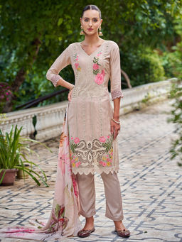 Stylee LIFESTYLE - Beige Muslin Embroidered Unstitched Suit (Set of 3)